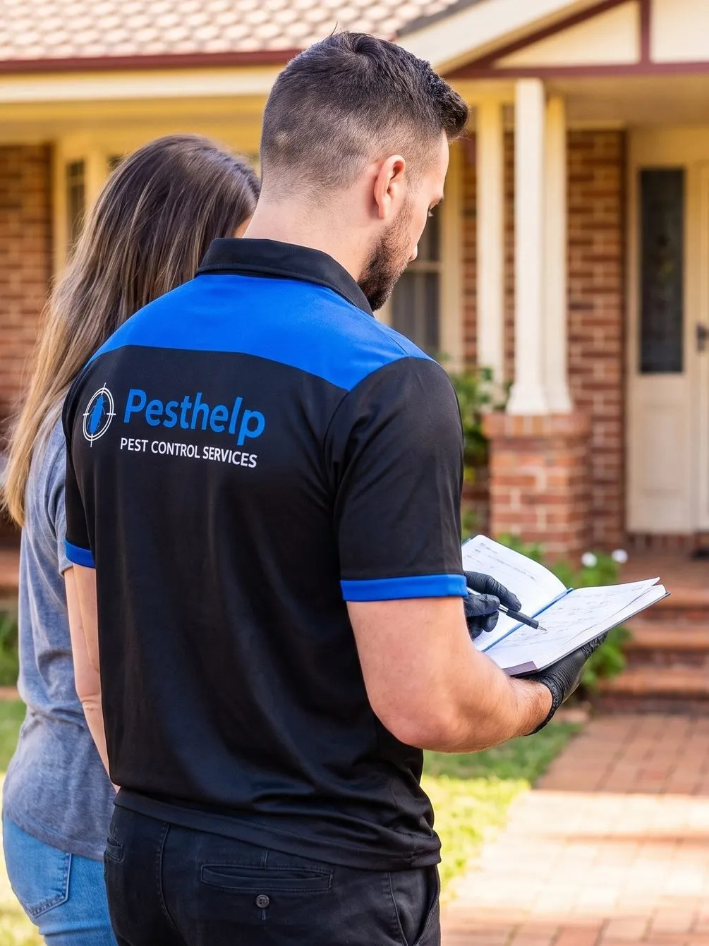 A Pesthelp technician walking a customer through the treatment plan